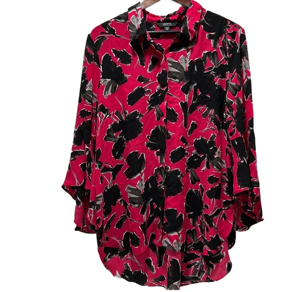 IMNYC Isaac mizrahi abstract floral  bell sleeves size XL GUC black/pink top..